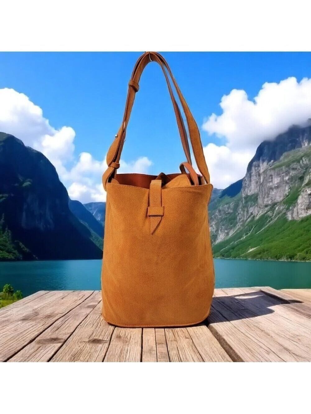 Laila by Geir Ness Burnt Orange Faux Suede Bucket Bag – Nordic Minimalist Style